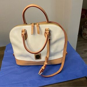 Dooney and Bourke, Zip Zip Satchel, Patent Leather, Pearl White, Tan Trim,
